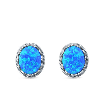 Oval Stud Earrings Lab Created Blue Opal 925 Sterling Silver (12mm)
